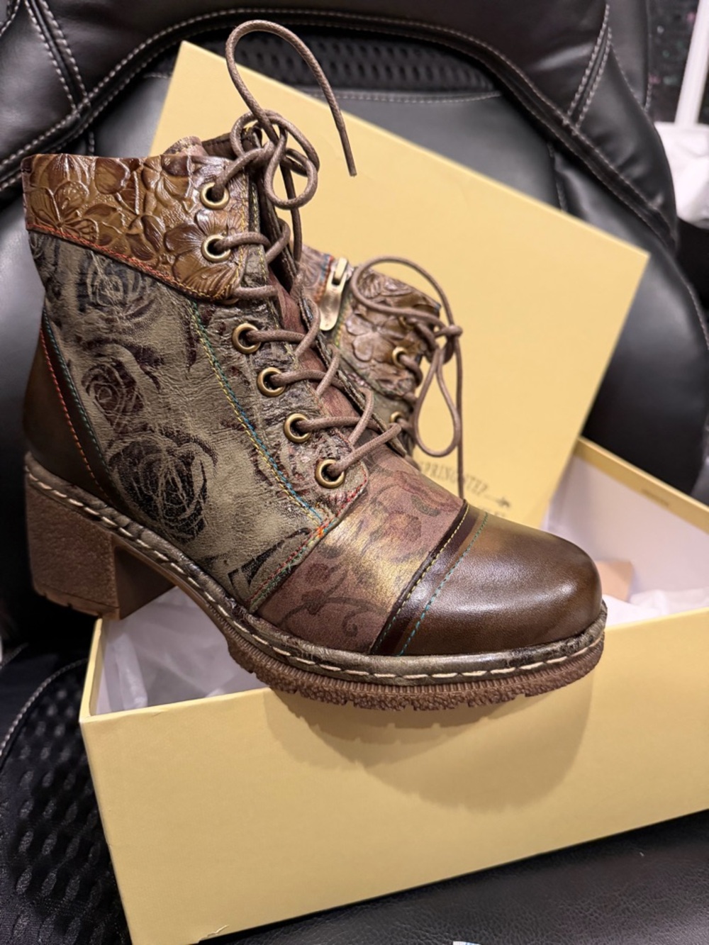 Women's Brown Floral Lace-Up Ankle Boots with Embossed Trim